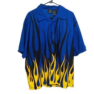 Flame Print Button Down Shirt Mens L Y2K‎ Biker Hot Rod Indie Streetwear Retro